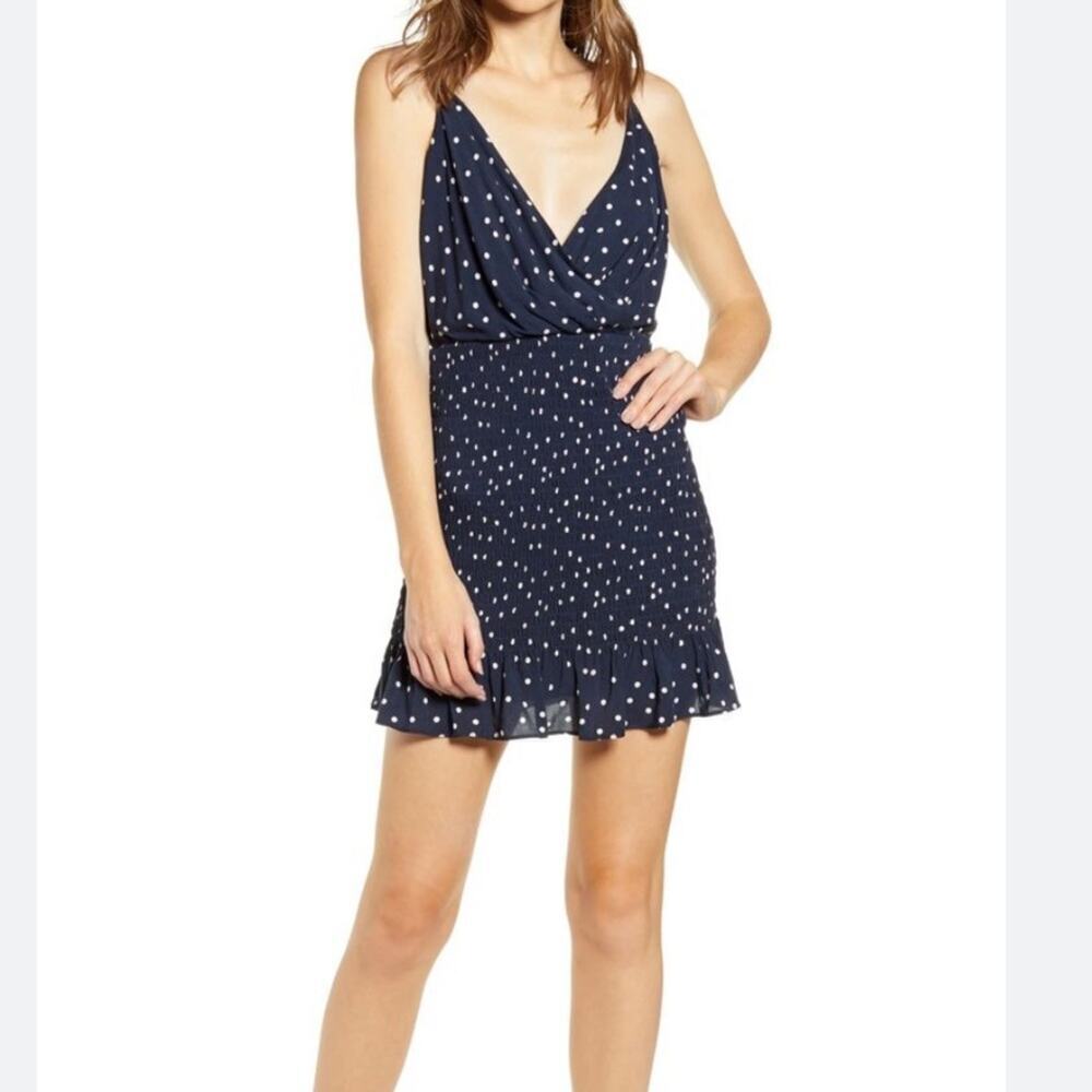 ROW•A smocked dress navy polka dot mini dress size small